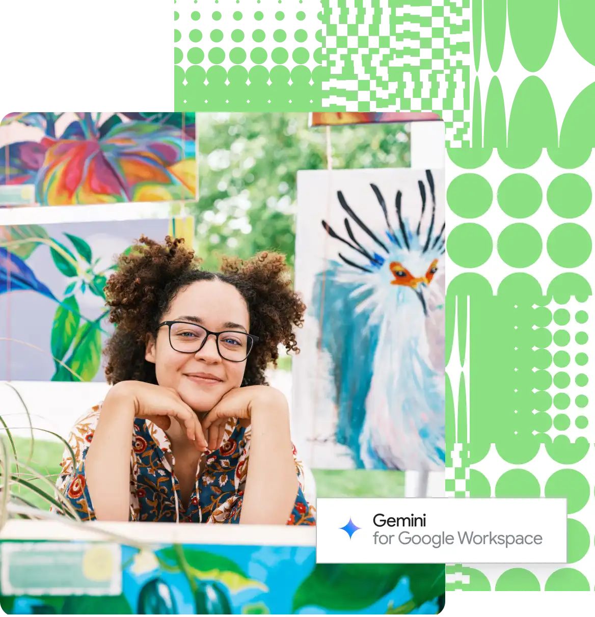 Google Workspace logo and a person smiling